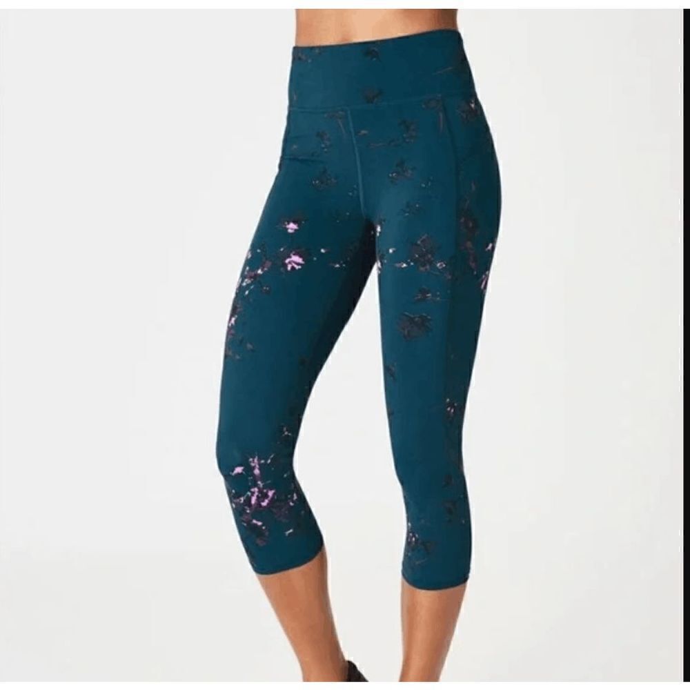 Sweaty Betty Zero Gravity Black Cropped High Rise Activewear Leggings Teal Midni
